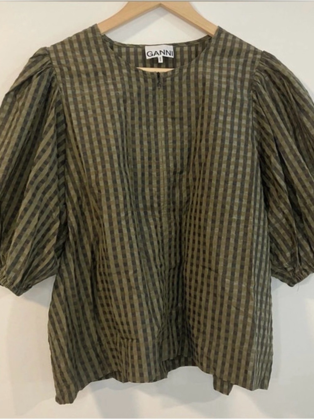 Ganni Seersucker Check Blouse in Kalamata Size 42